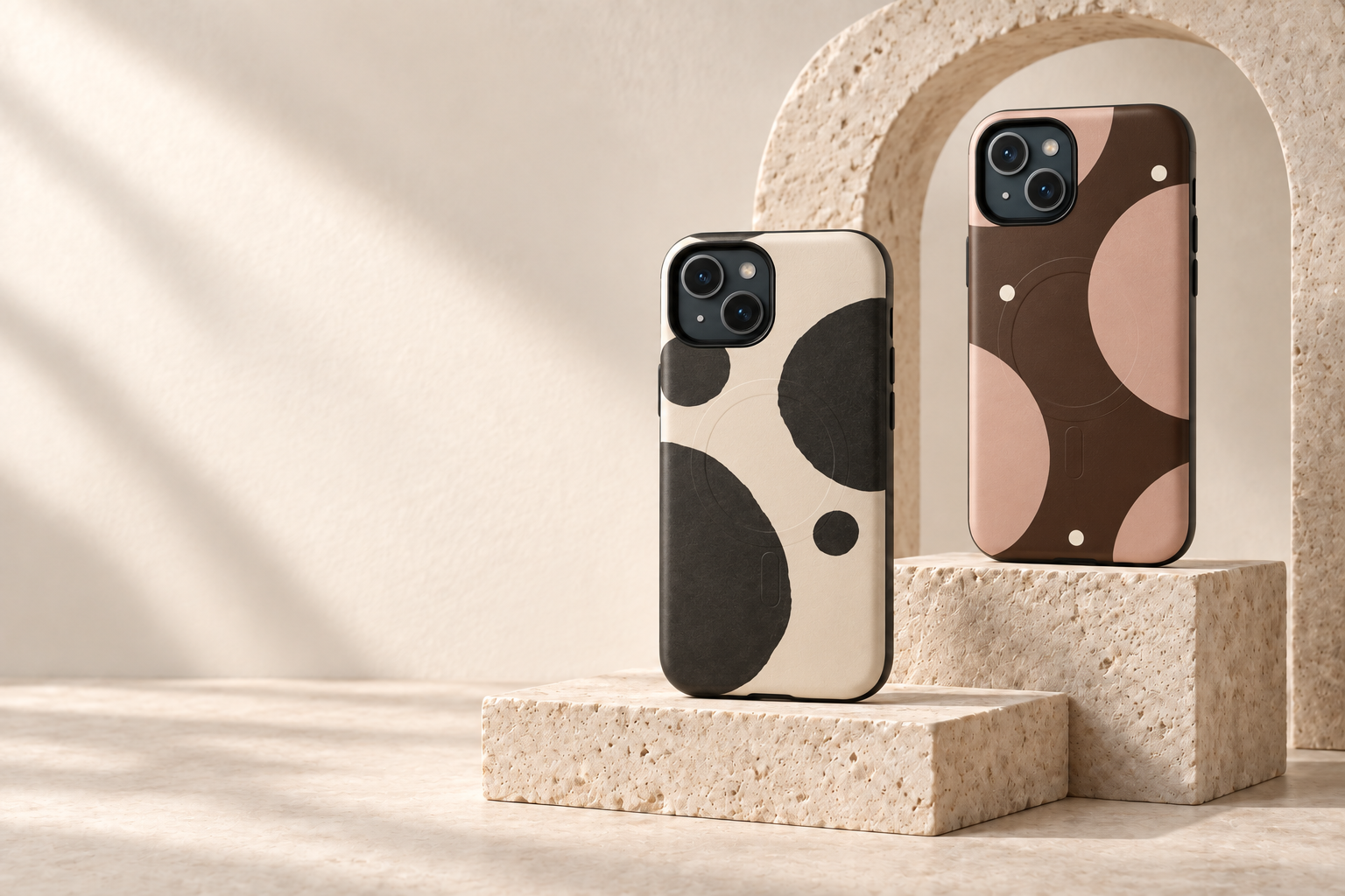 Ink and Oat and Espresso Eclipse cases rendered on warm travertine plinths using supplier photo references